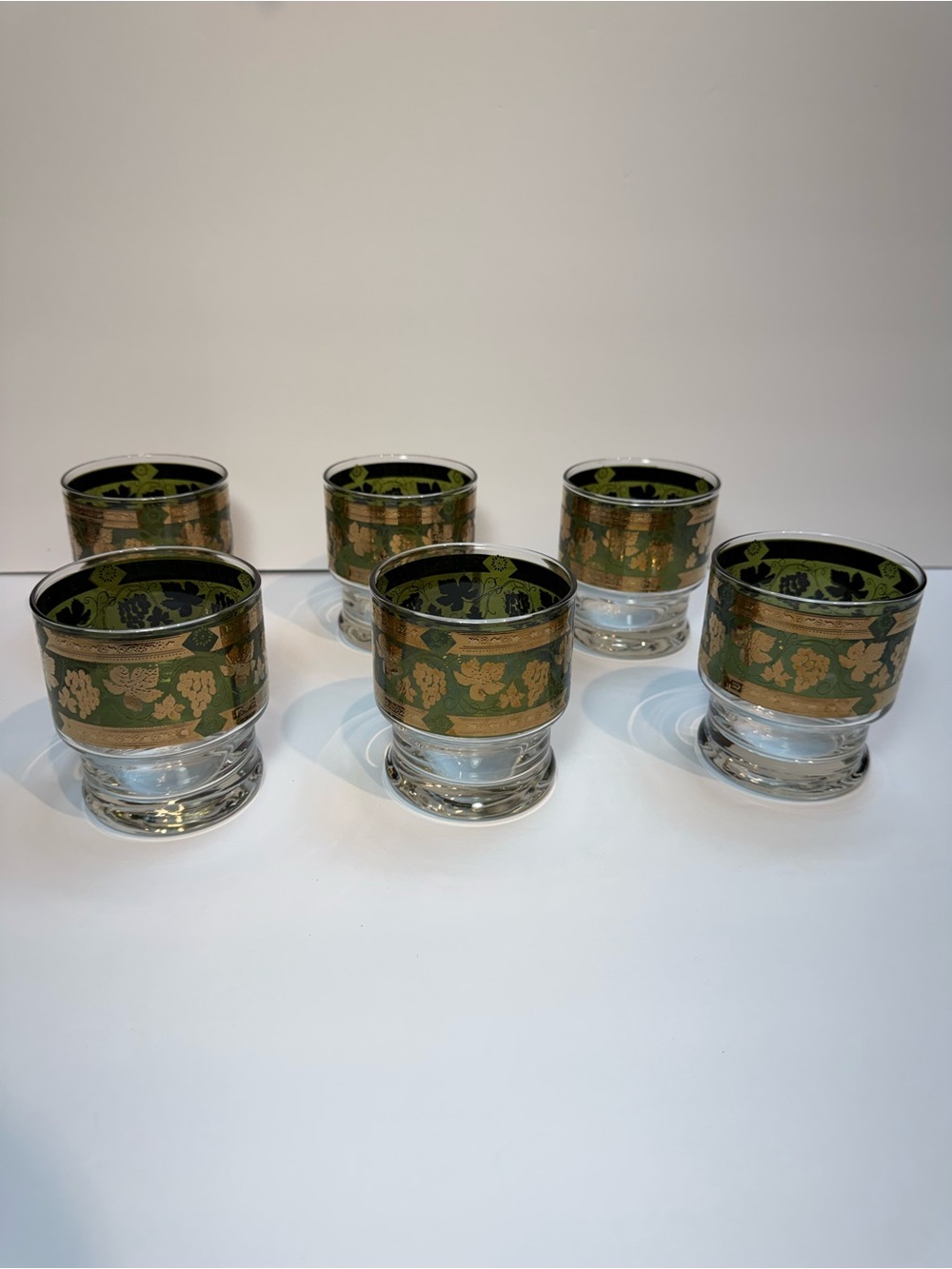 Vintage Green Cera Glass Golden Grapes  Barware Set of 6 - MCM